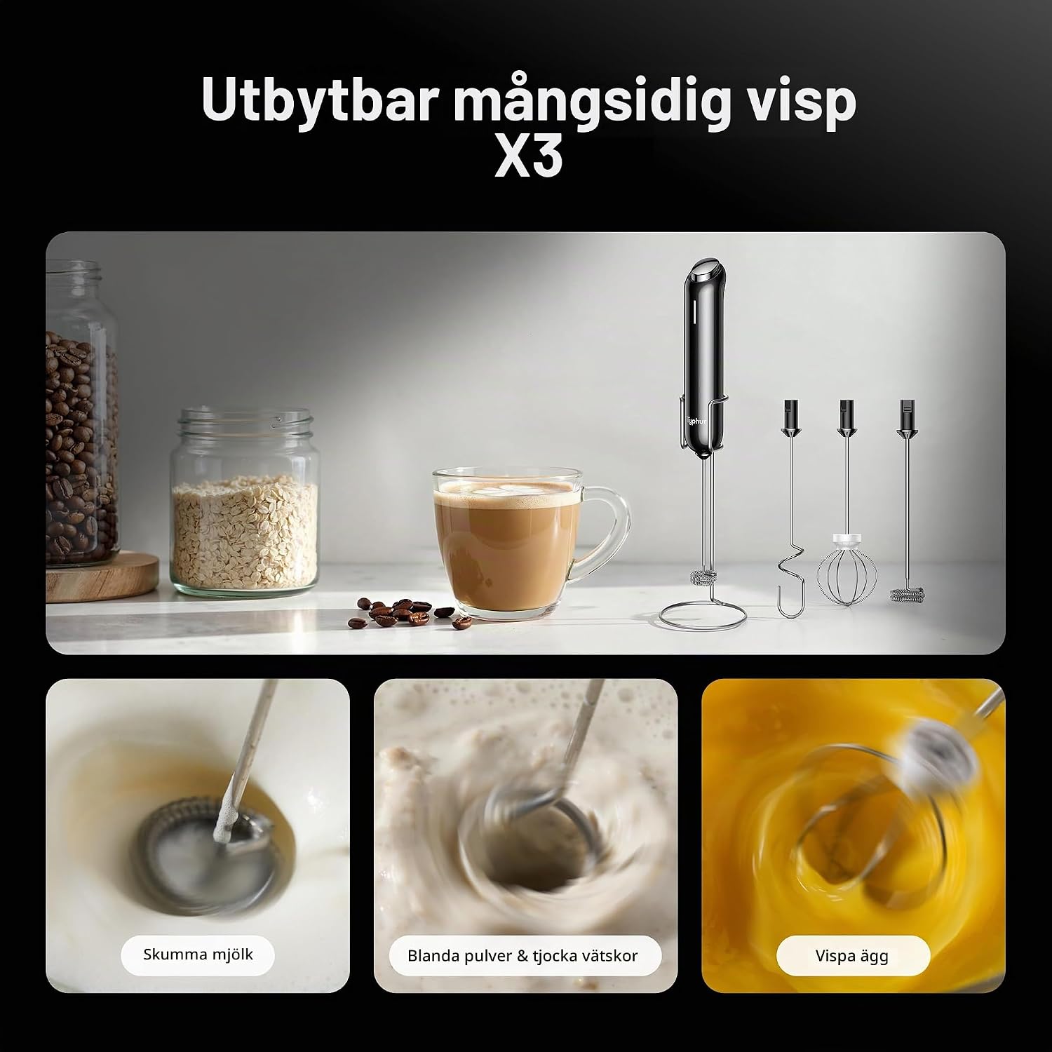 Detalle de Typhur InstaWhisk MF04 elektrisk mjölkskummare med USB-C och variabel hastighet