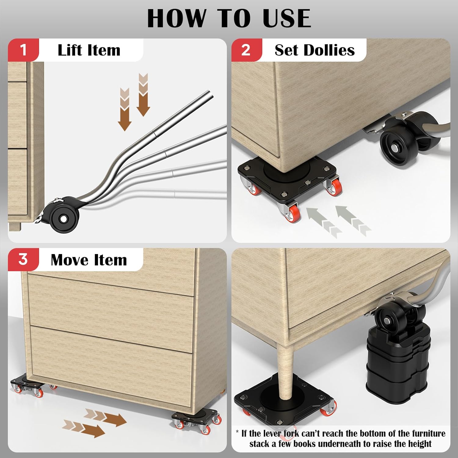 Detalle de ONEON Furniture Mover Plus Rollwagen – verstärkter Karbonstahl, 125 kg pro Einheit