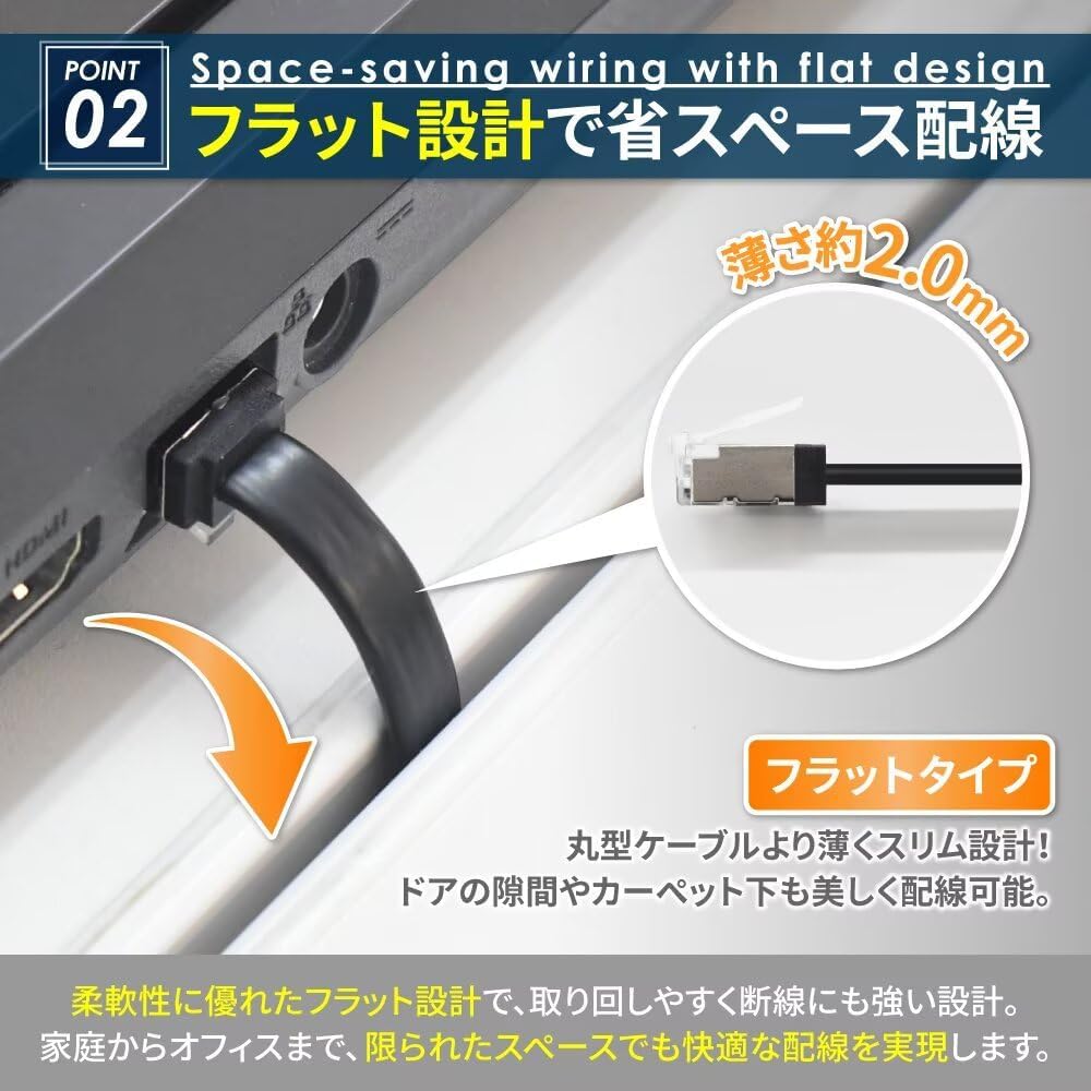 Detalle de shizukawill ACLAN02BK100M CAT7 LANケーブル フラットタイプ 10m ブラック