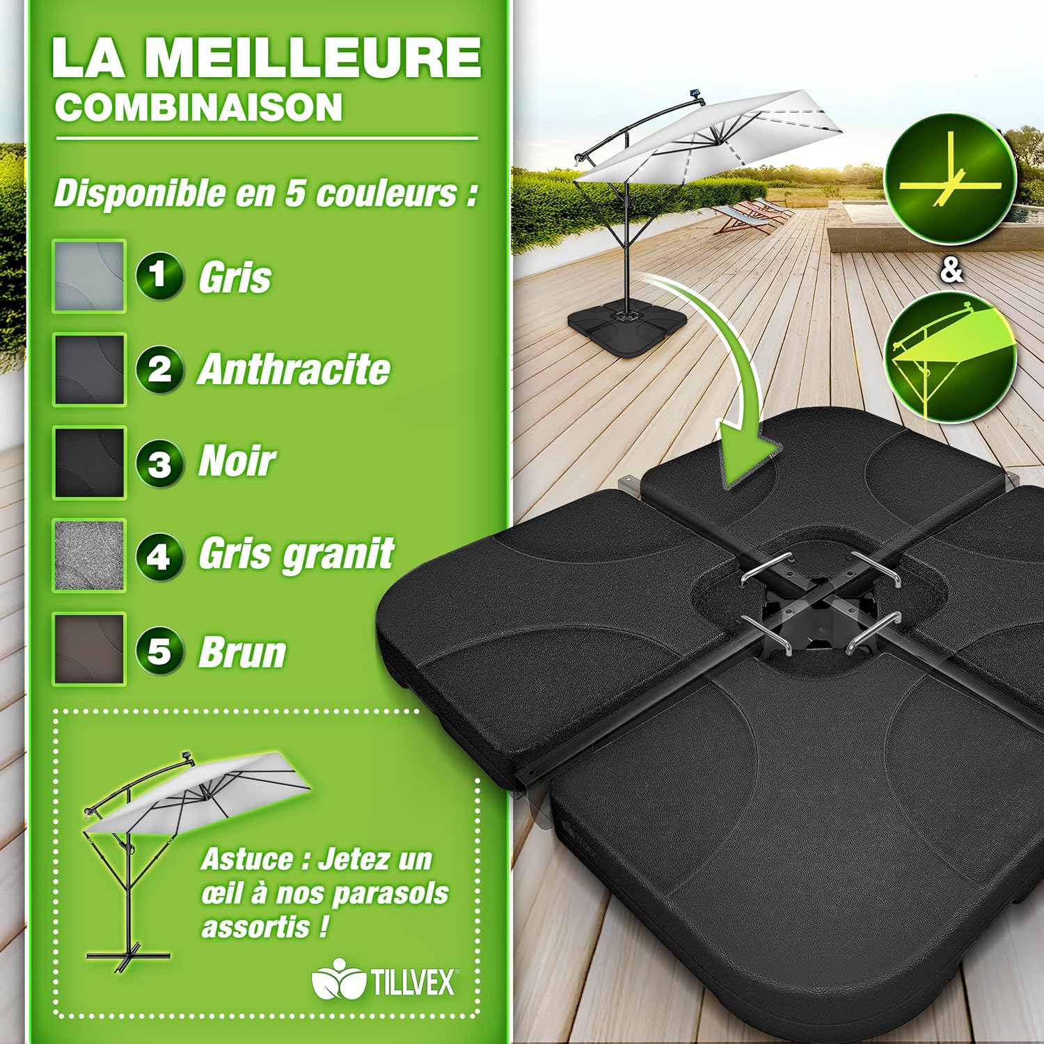 Thumbnail 5 de Pied de parasol déporté tillvex : base remplissable 90 L / 120 kg en 4 pièces avec connecteur métallique (anhracite)