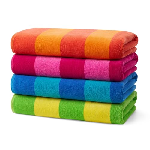 Kaufman Soft Oversized Beach Towels (4 Pack) – 29" x 58" Velour Striped Cotton Towels