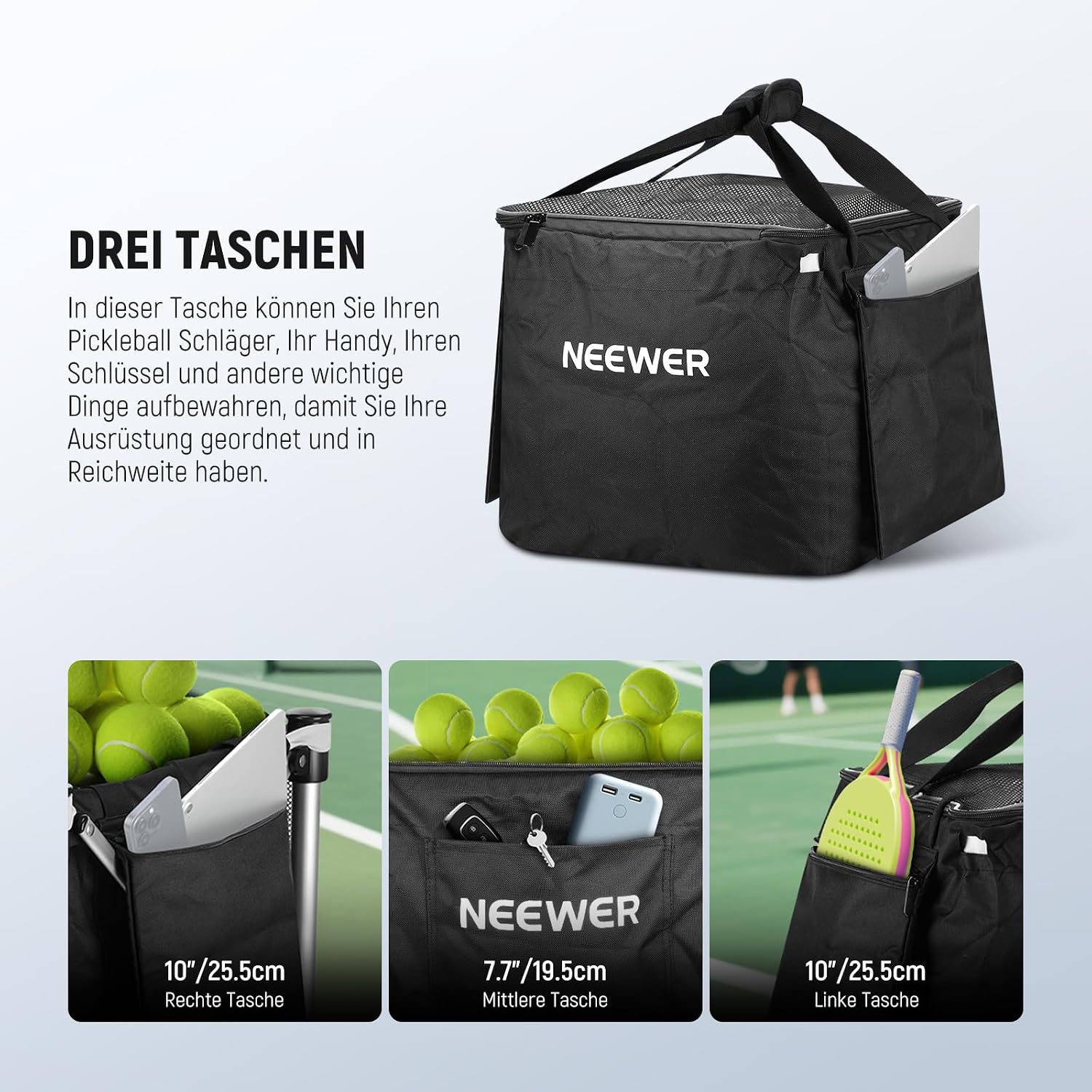 Detalle de NEEWER Tennisball Hopper – rollbarer Ballbehälter für Training und Unterricht
