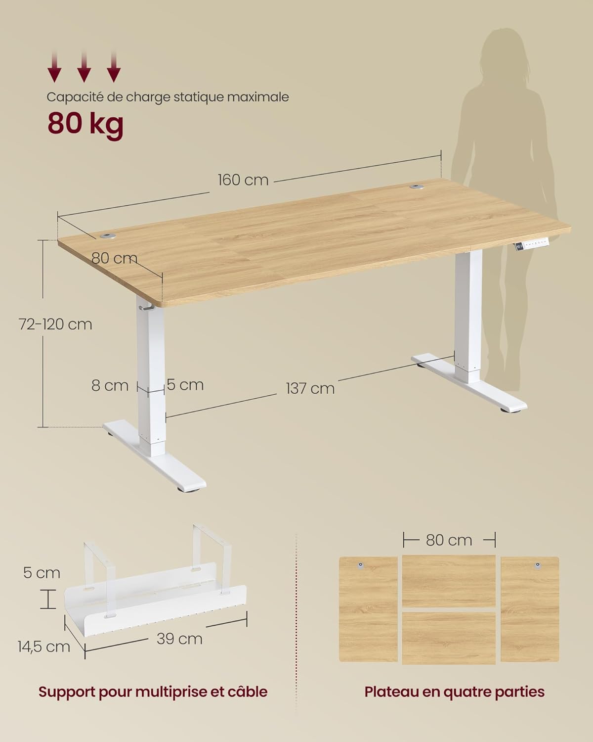 Thumbnail 1 de VASAGLE LSD146YA02 Bureau électrique réglable 160×80 cm ⌚