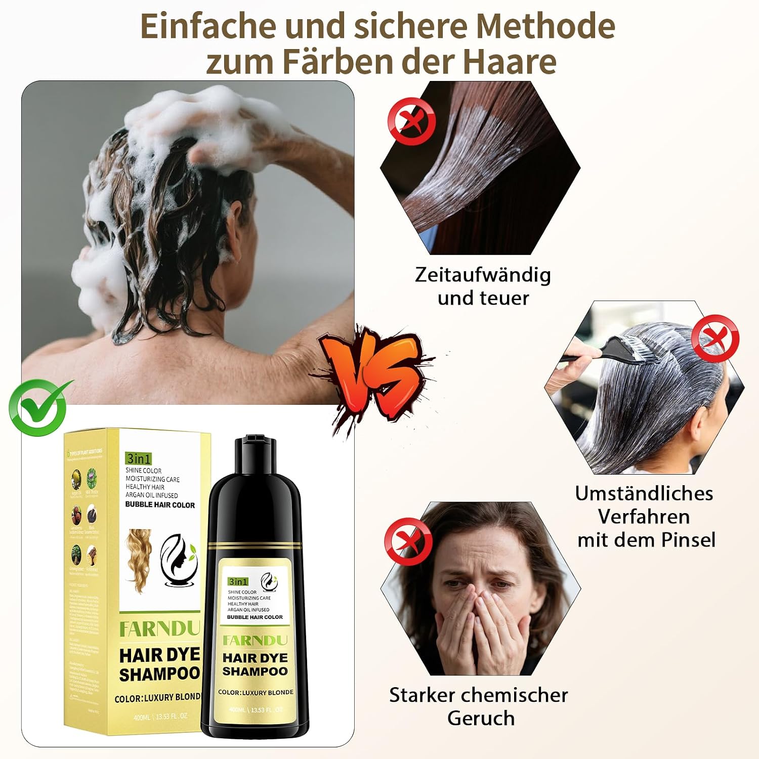 Detalle 2 de Blonde Haarfärbe Shampoo – 3 in 1 Graue Haare deckend, pflegend und einfach in der Anwendung