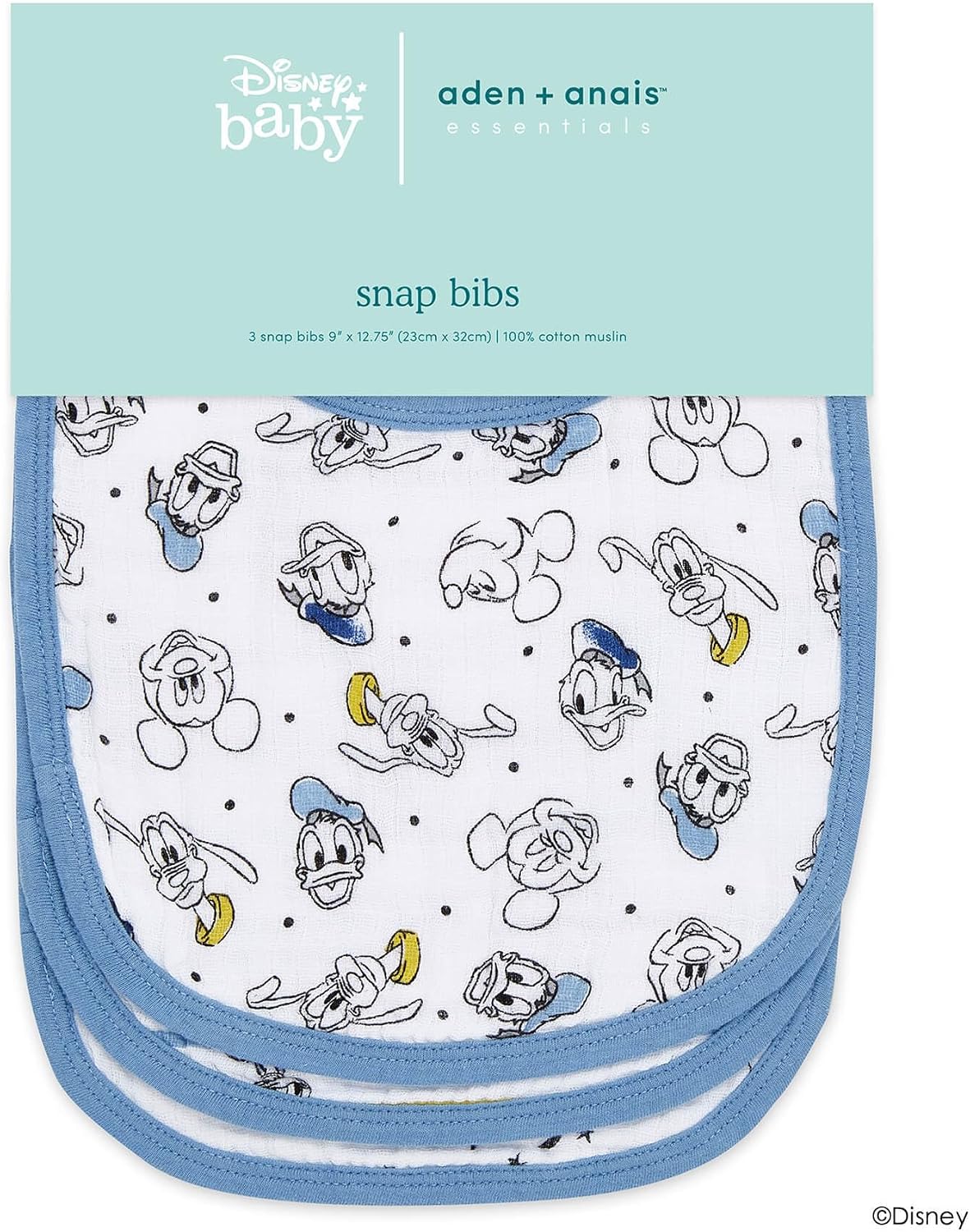 Detalle de aden + anais essentials BBADAEDESNC30006DIJ スナップビブ 3枚セット、綿100%・3層ガーゼのミッキー柄