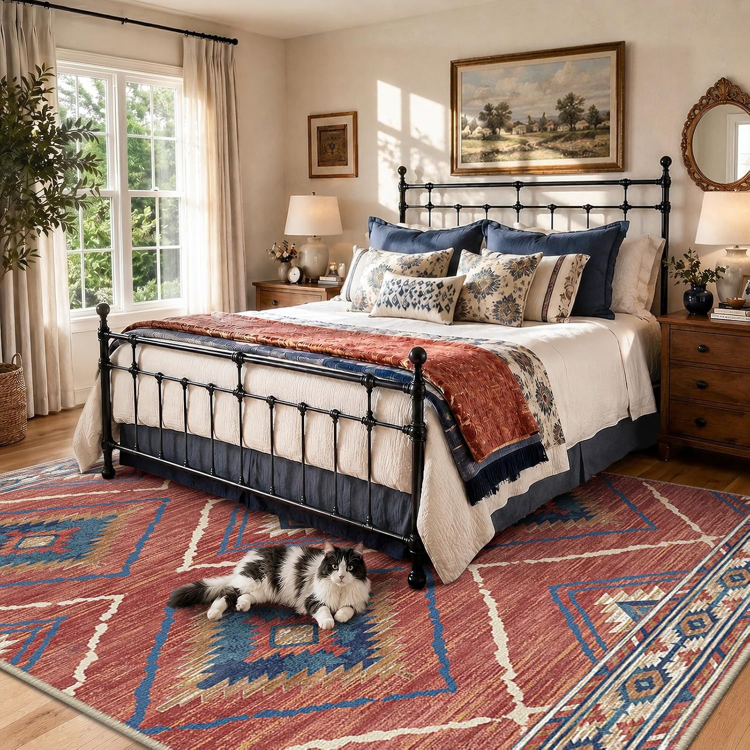 Thumbnail 6 de Area Rug 5x7 | Machine Washable, Non-Slip, Low Pile Tribal Western Pattern (Red/Orange)