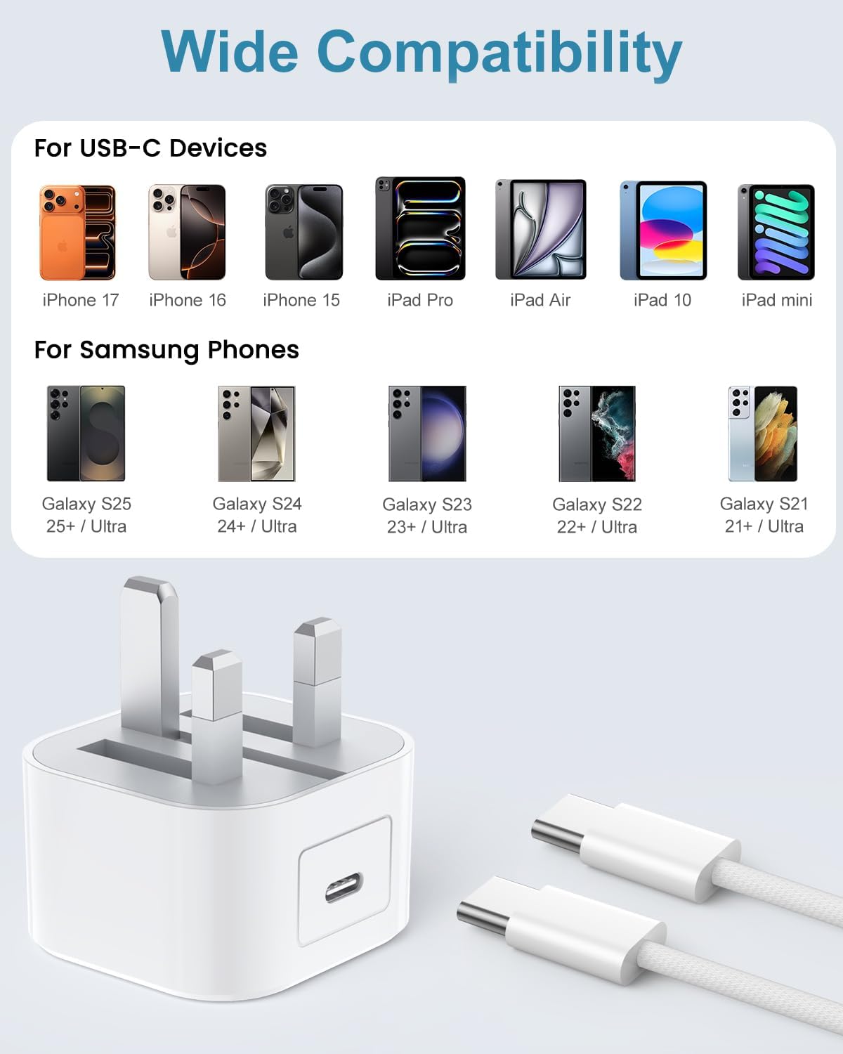 Thumbnail 1 de 2 Pack 20W USB-C Fast Charger for iPhone 15/16/17 and iPad with 2m USB-C Cable (White)