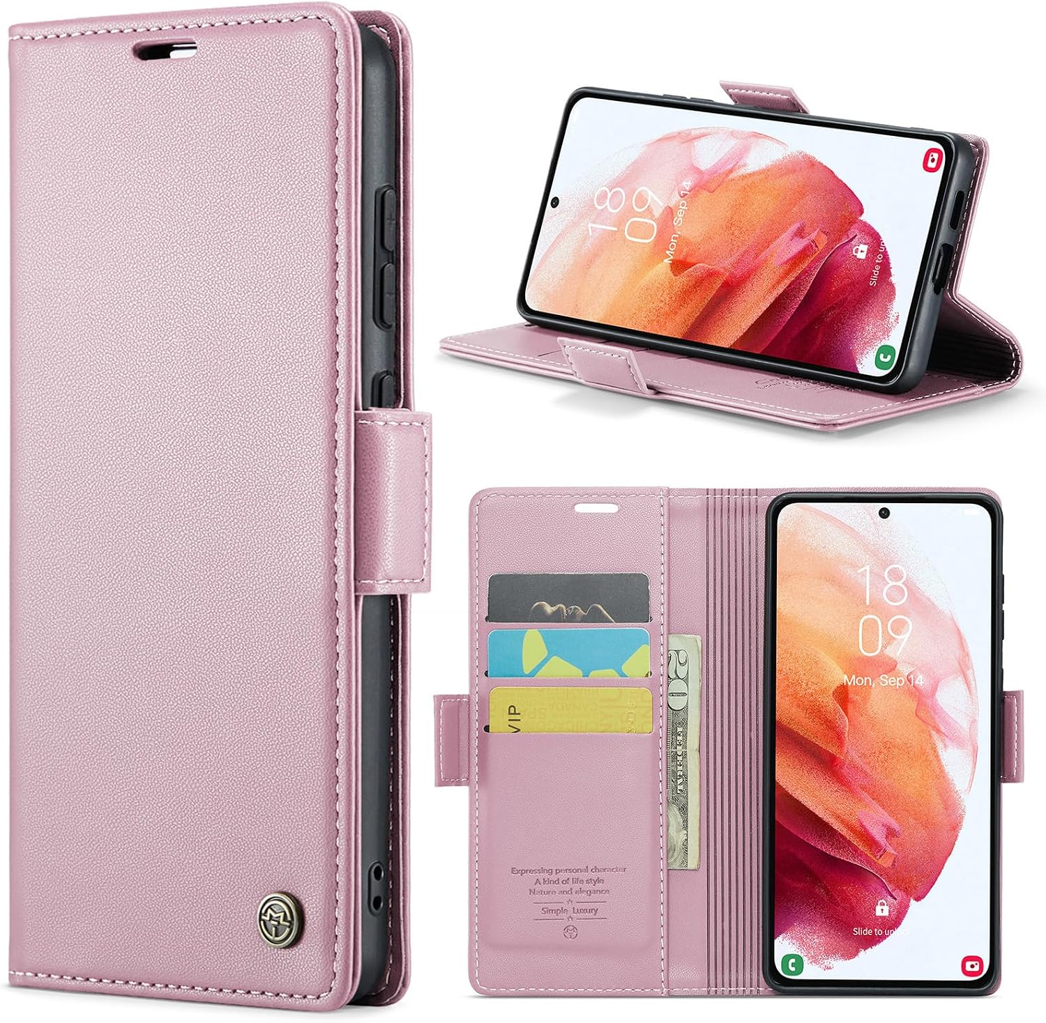 Detalle de Phernykas Handyhülle Samsung S21 – Leder-Wallet mit Kartenfach, Standfunktion und RFID-Schutz (Golden)