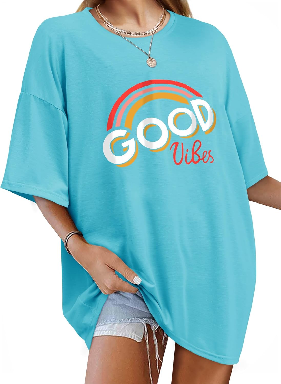 Thumbnail 6 de WIEIYM Oversized Rainbow Graphic T Shirt for Women – Good Vibes Tunic Tee