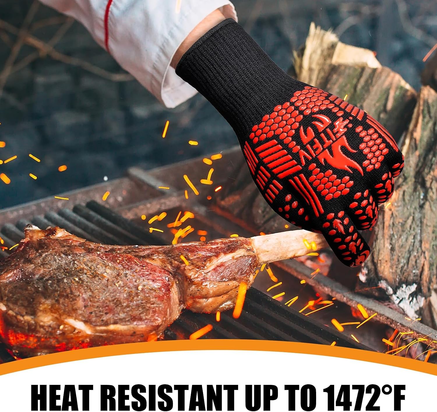 Detalle de FITFIV BBQ Gloves: 1472°F Heat Resistant Oven Mitts with Silicone Grip
