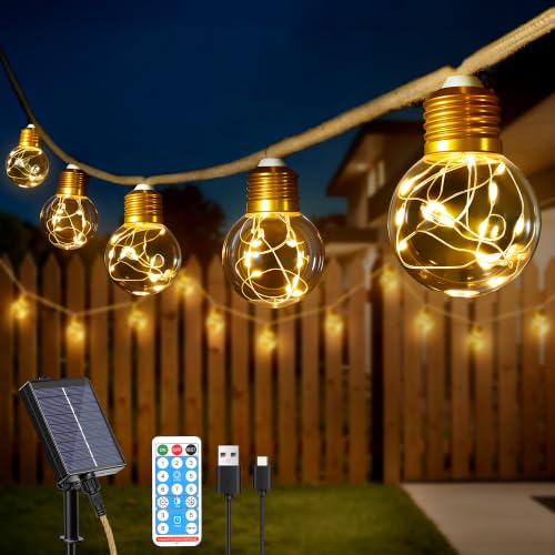 Detalle de Ollny Solar Lichterkette Outdoor 8 m mit 16 LED Glühbirnen – warmweiß, 8 Modi