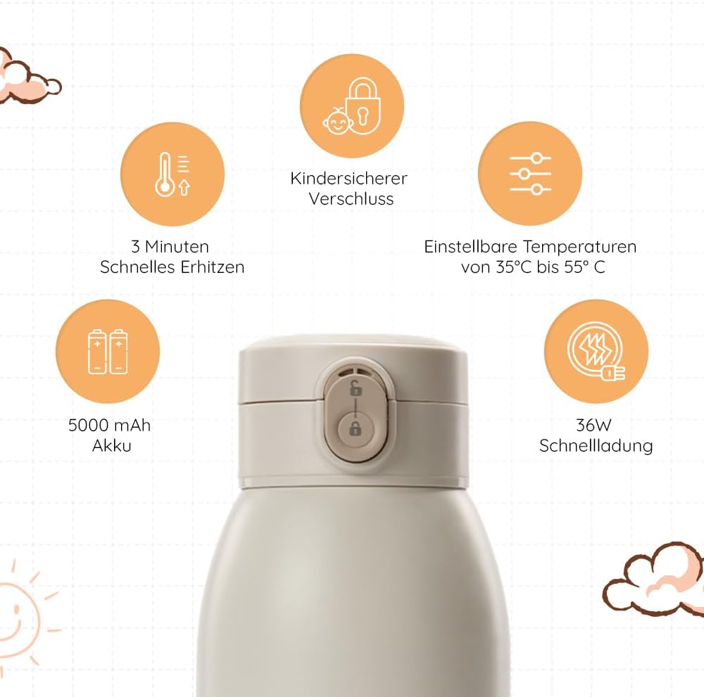 Thumbnail 1 de BEBELUX Scaldabiberon elettrico portatile per bambini da viaggio con ricarica rapida da 36 W, senza BPA (beige)