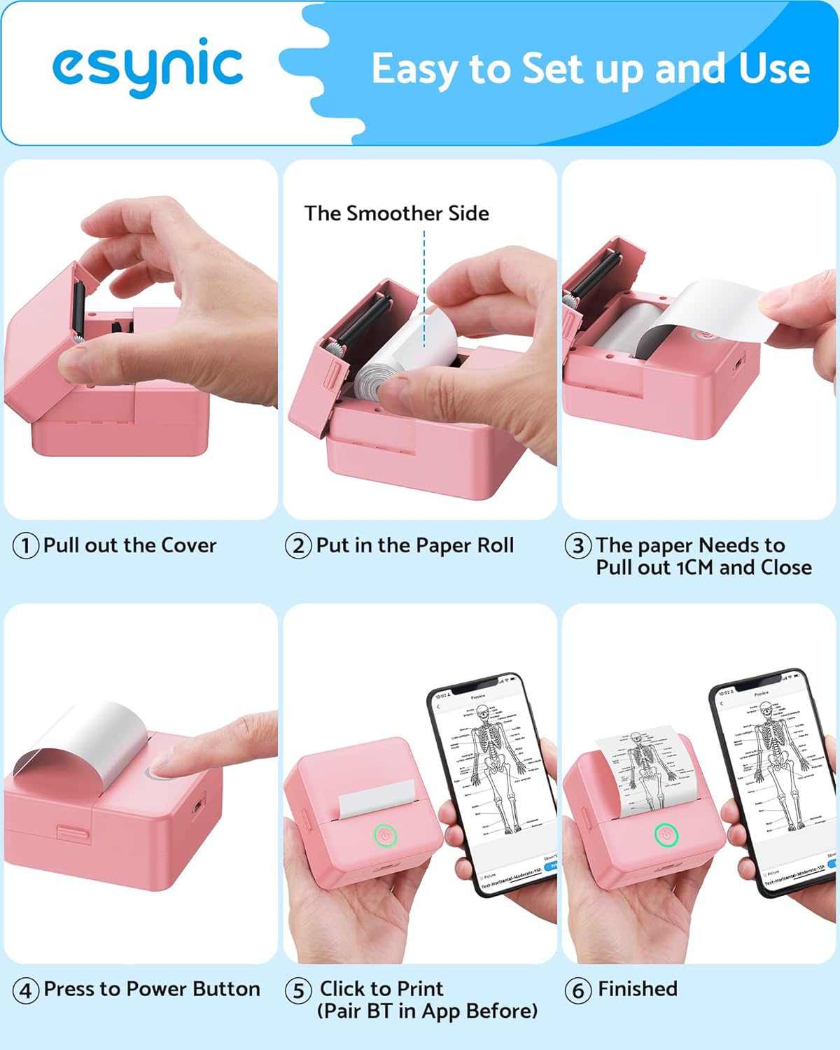 Detalle de eSynic Pink Mini Portable Thermal Printer: Pocket-Sized, Inkless Photo & Sticker Printer