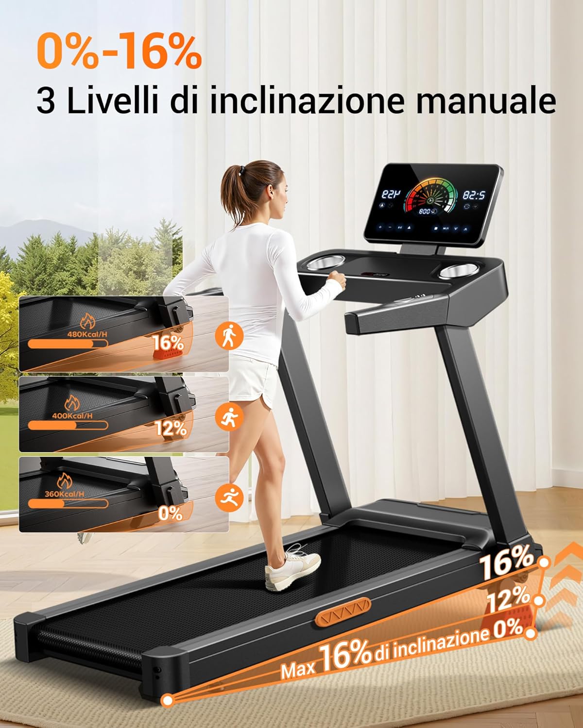 Detalle de UMAY Tapis Roulant Salvaspazio con Pendenza 16%, 3.5HP, Display LED e Cardiofrequenzimetro