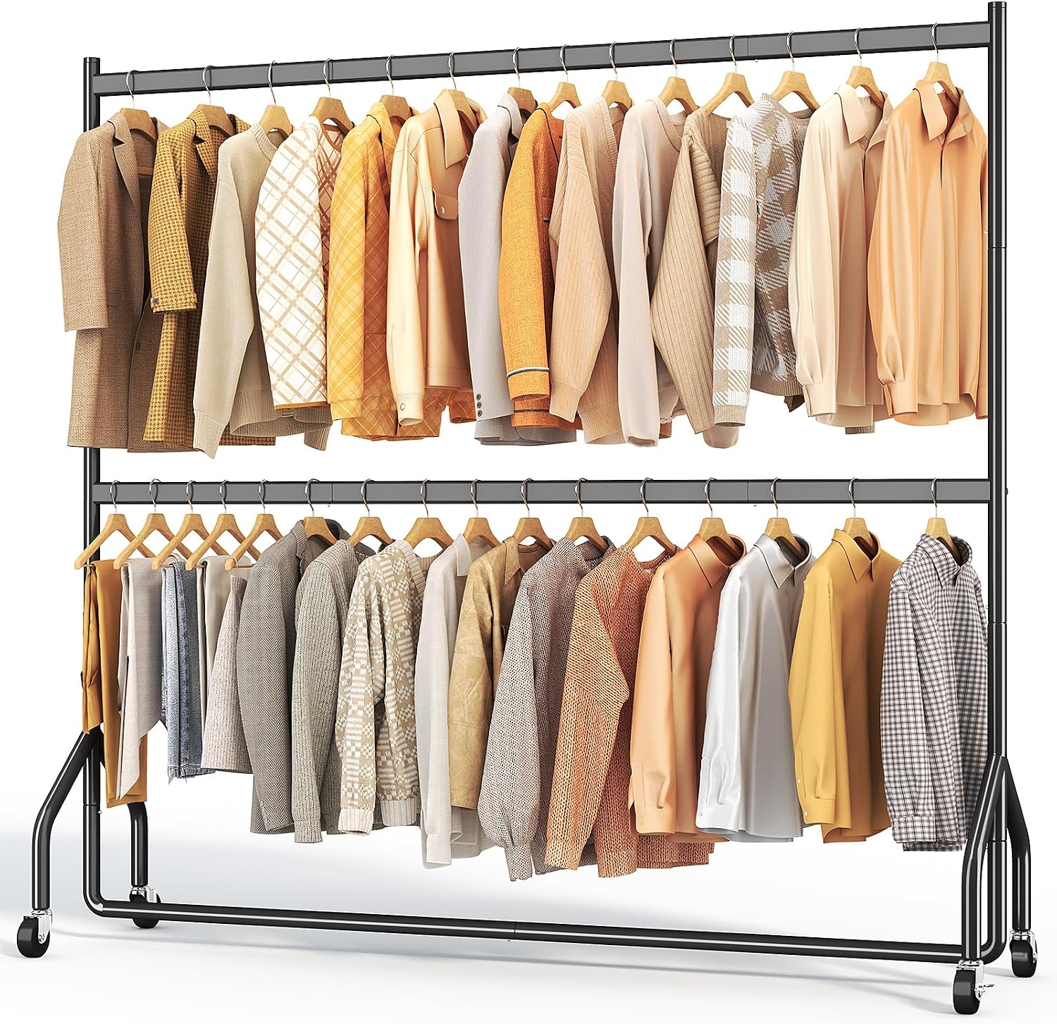 Detalle de HOKEEPER kledingrek op wielen met dubbele rail, stalen frame en remmen