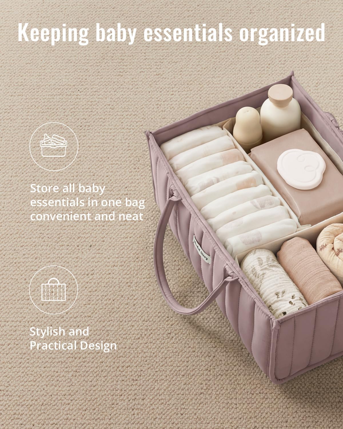 Detalle 2 de Blissful Diary Baby Diaper Caddy, Mauve Pink with Removable Dividers