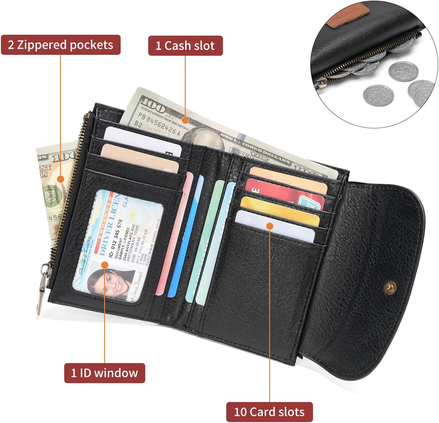Detalle de SENDEFN Women’s Cow Print Vegan Leather Bifold Wallet with RFID Blocking and Zipper Coin Pocket
