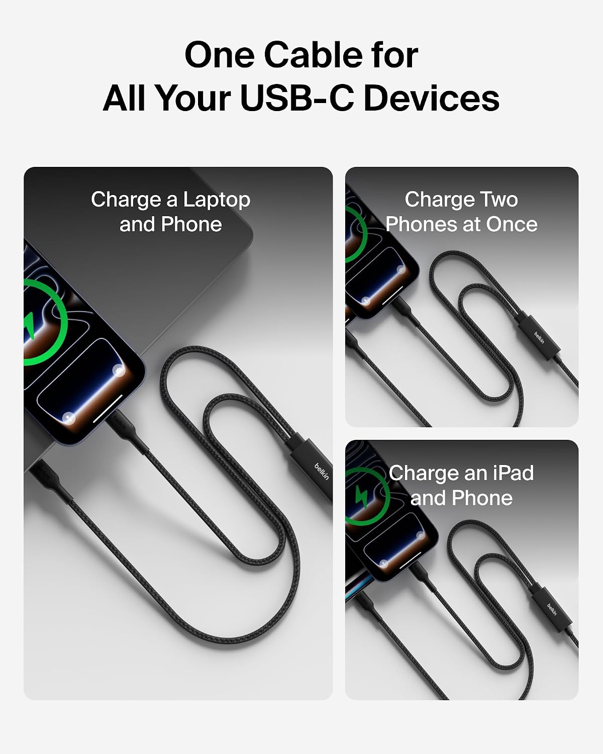 Detalle 2 de Belkin BoostCharge Pro 2-in-1 USB-C to USB-C Charger Cable 140W: Dual charging with smart power sharing
