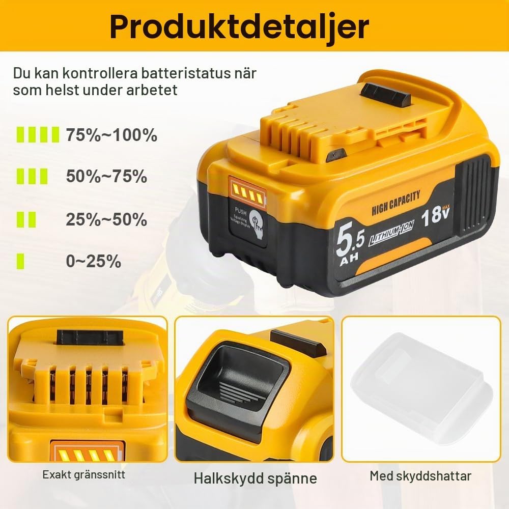 Detalle 2 de Powarobo WTL255 18 V 5,5 Ah Li-ion-batteri med LED-indikator