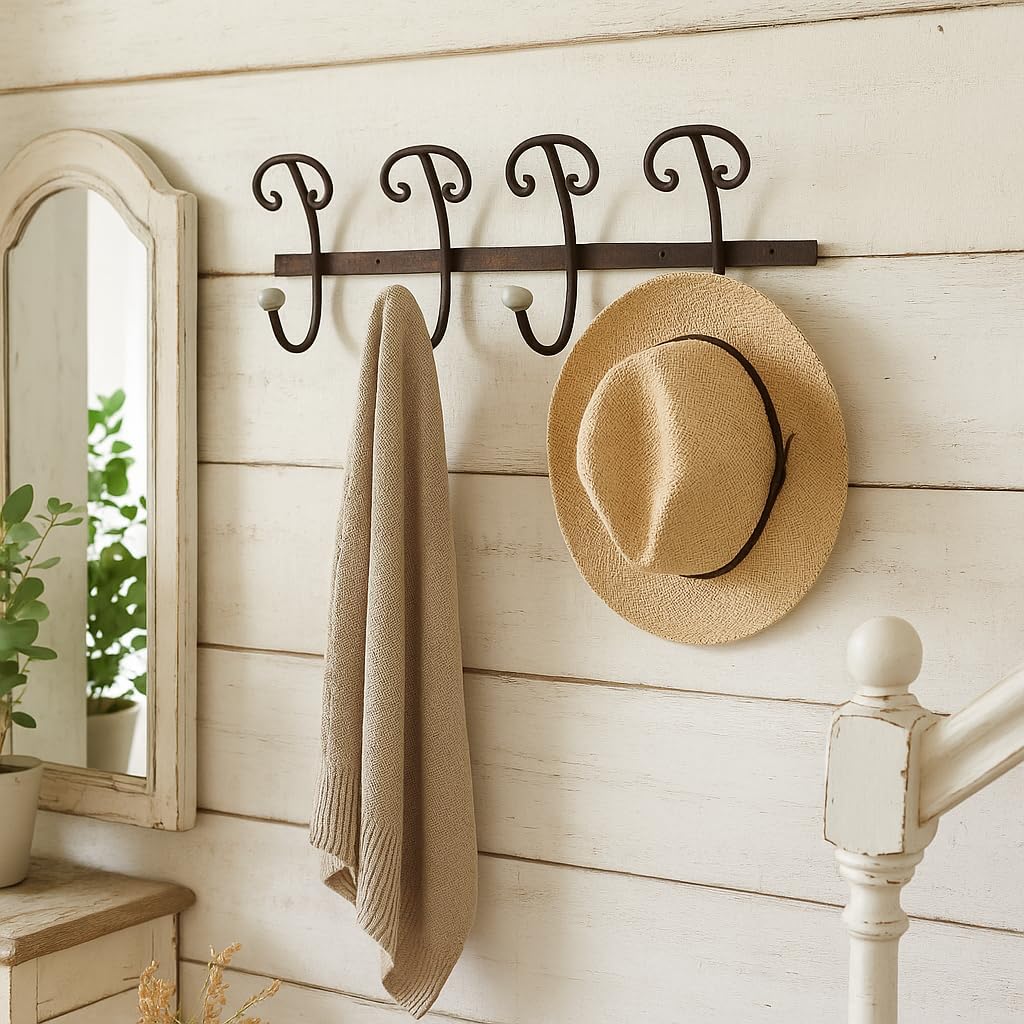 Detalle 2 de Baroni Home Appendiabiti da Parete Shabby Chic Nero – Ferro battuto, 4 ganci doppi, 8 posti