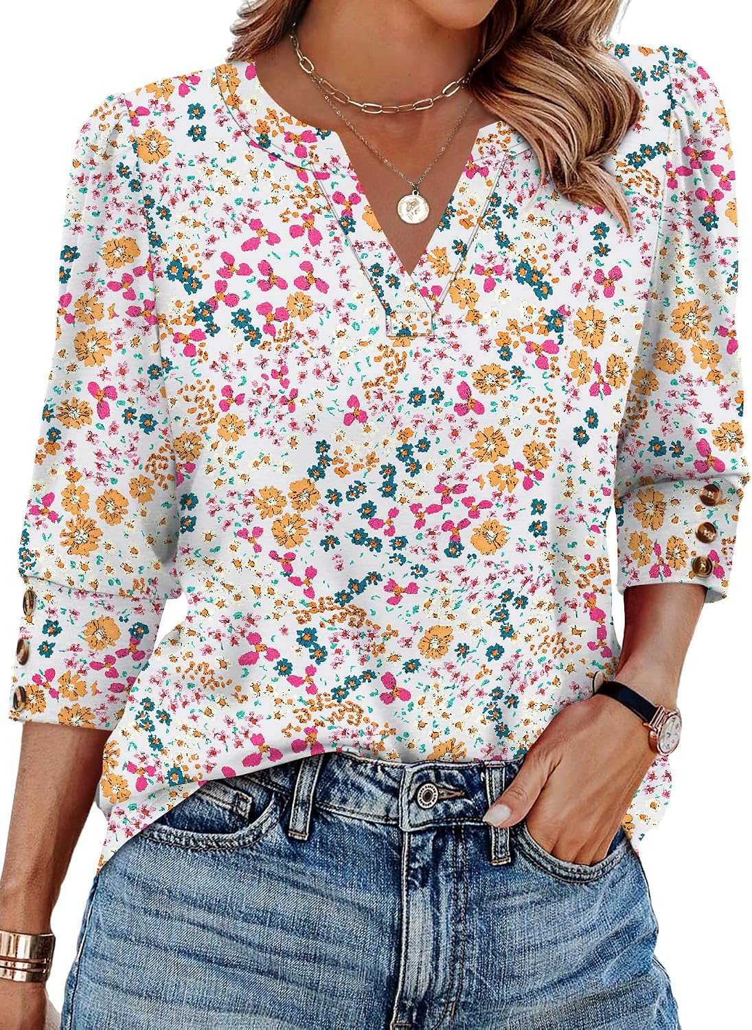 Detalle de WIHOLL 3/4 Sleeve V-Neck Blouse Dressy Casual Top