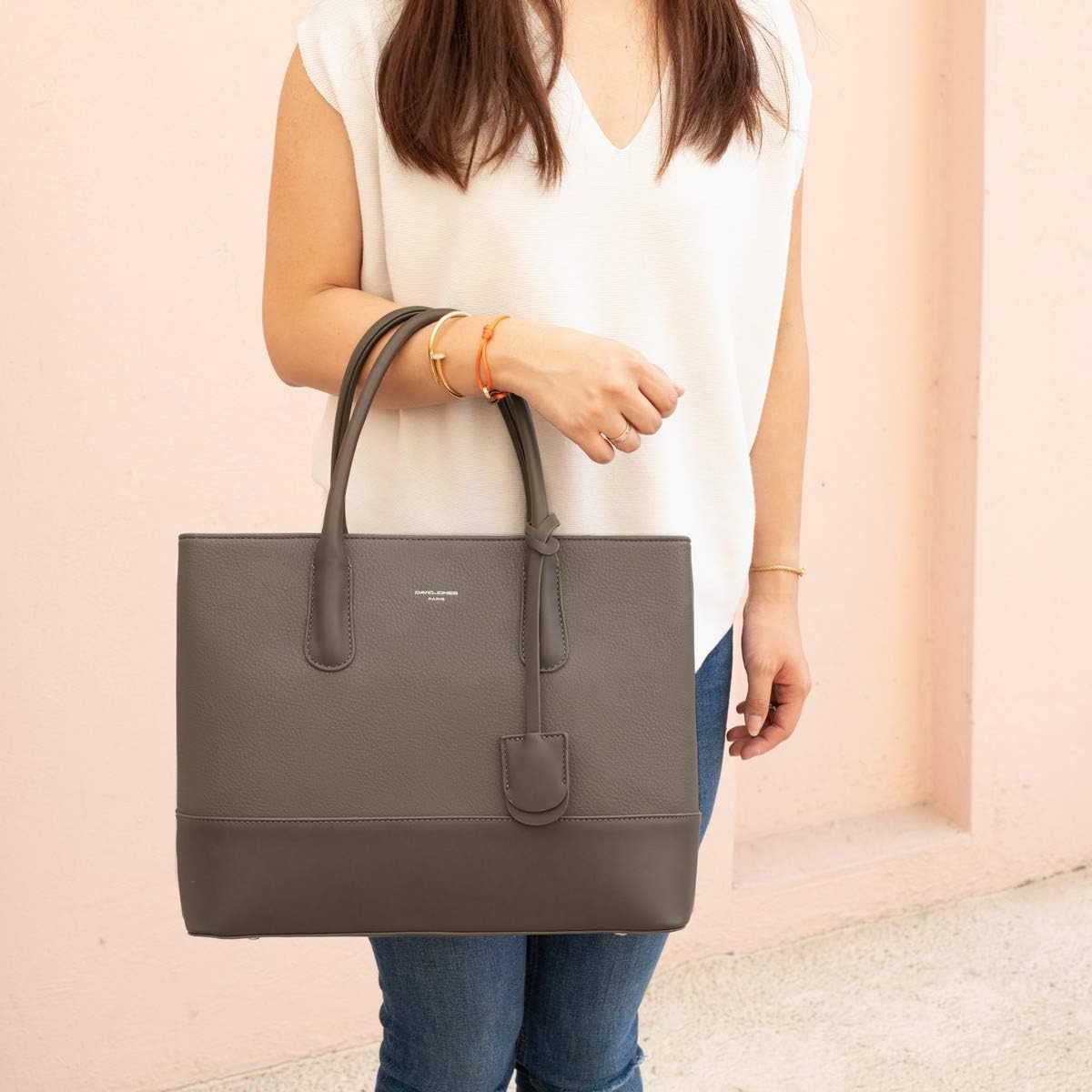 Detalle de David Jones Grand sac à main pour femme marron taupe – grand cabas 2 compartiments PU style cuir