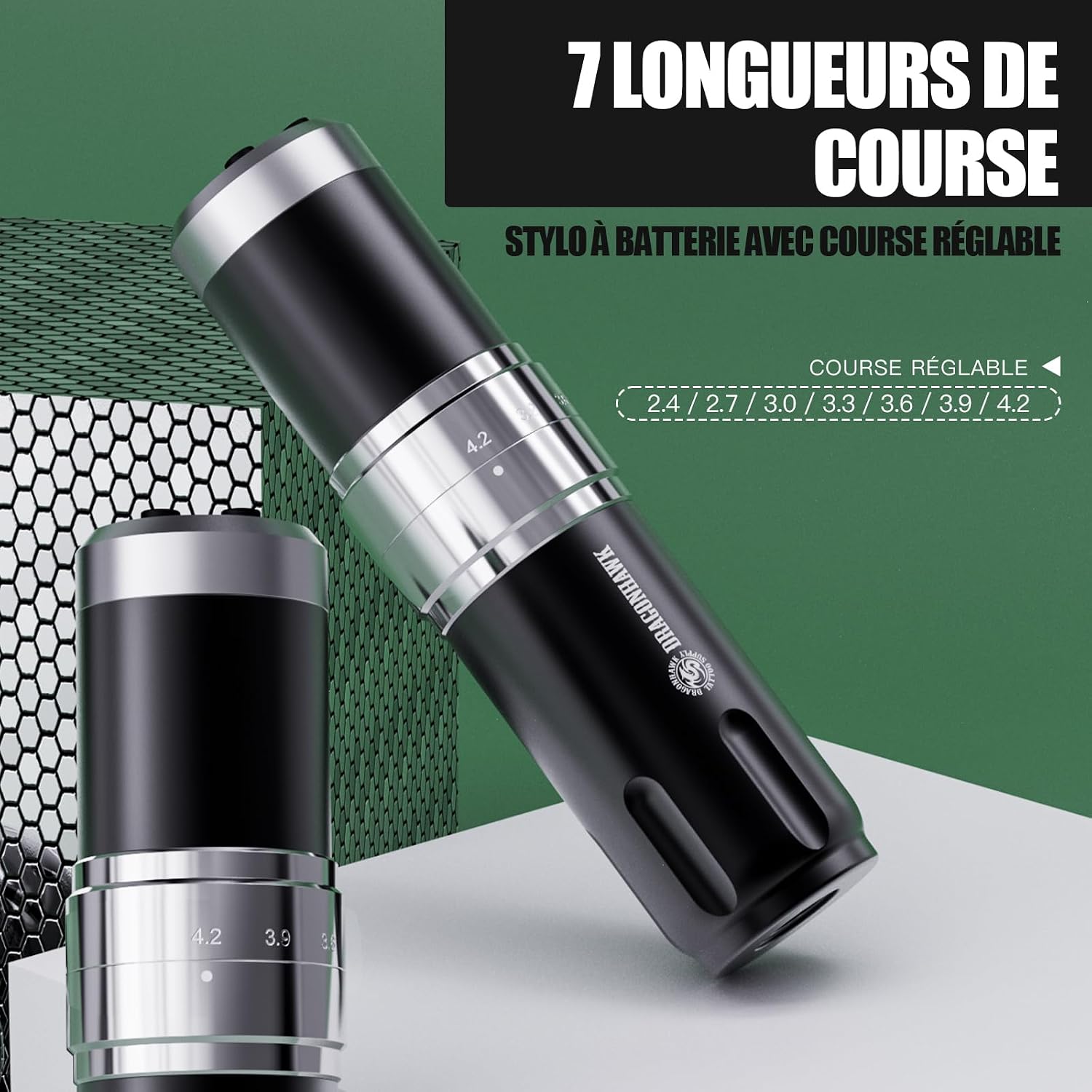 Detalle de Dragonhawk Stylo de tatouage sans fil rotative — 1500 mAh, course réglable 2,4–4,2 mm, LED, pour débutants