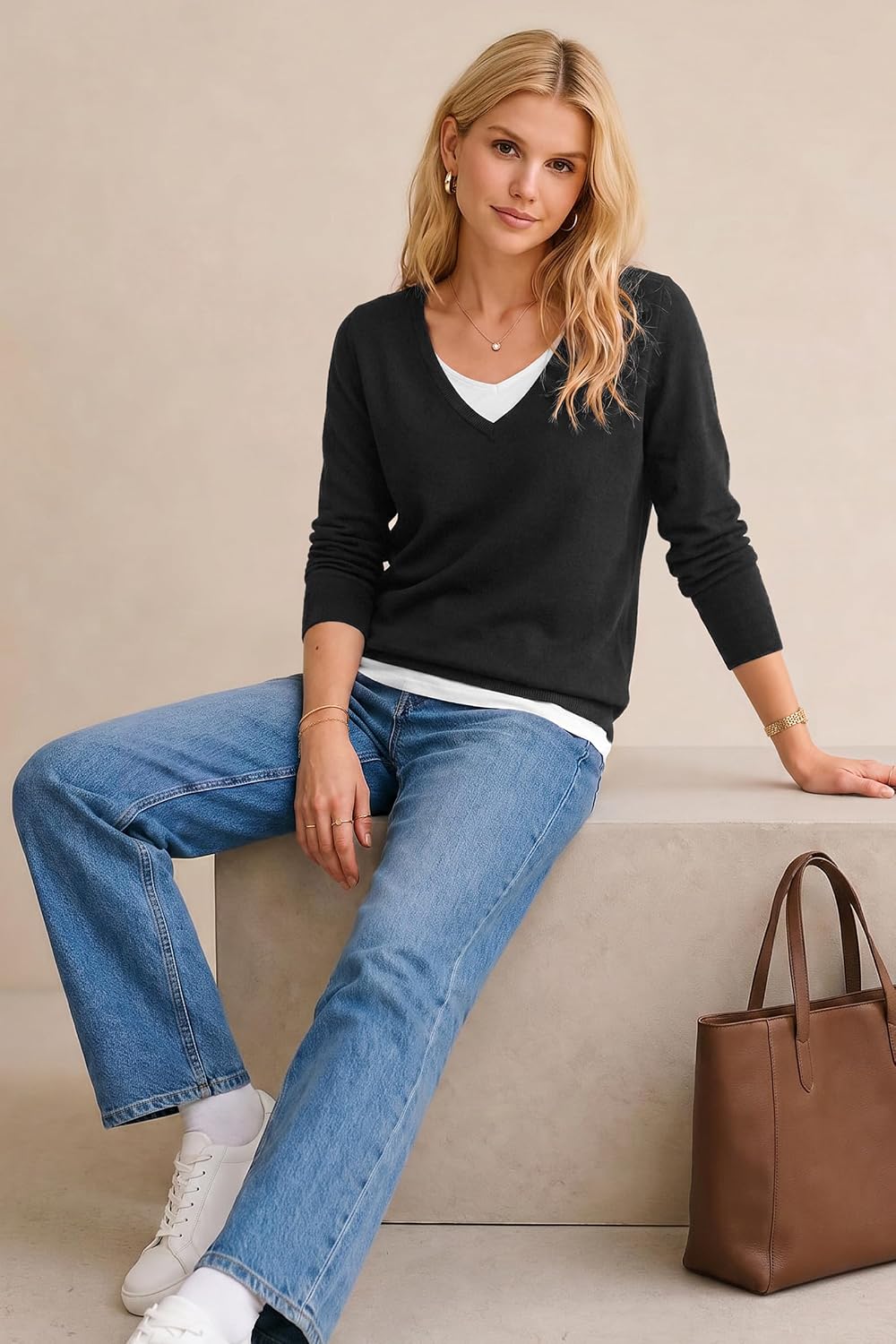 Detalle de Arach&Cloz Women's Wool Blend 2-in-1 Patchwork V-Neck Sweater, Relaxed Fit