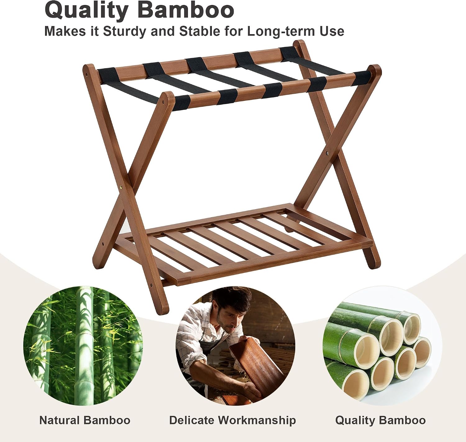 Thumbnail 3 de oakvivo Walnut Bamboo Luggage Racks, Set of 2, Folding Two-Tier Stands