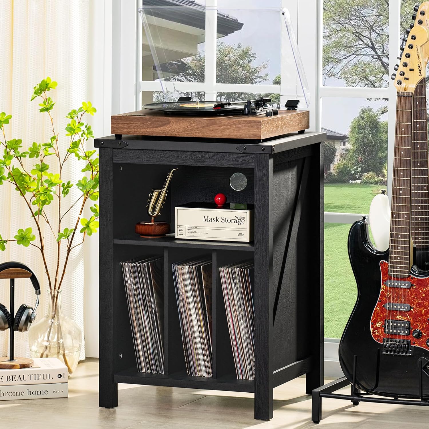 Detalle 2 de Joaxswe Model 1 Record Player Stand, Black Wood Storage for up to 160 Albums