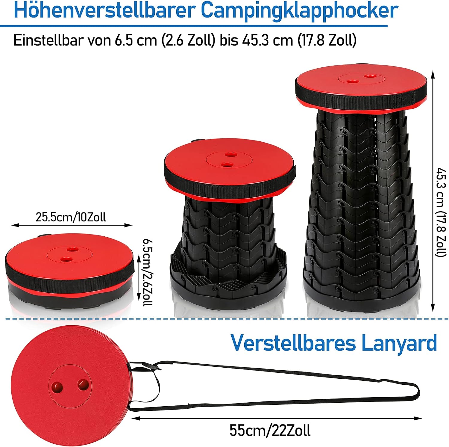 Detalle de Fiqops Tragbarer Klapphocker – Höhenverstellbar, 180 kg Traglast, Leicht & Tragbar