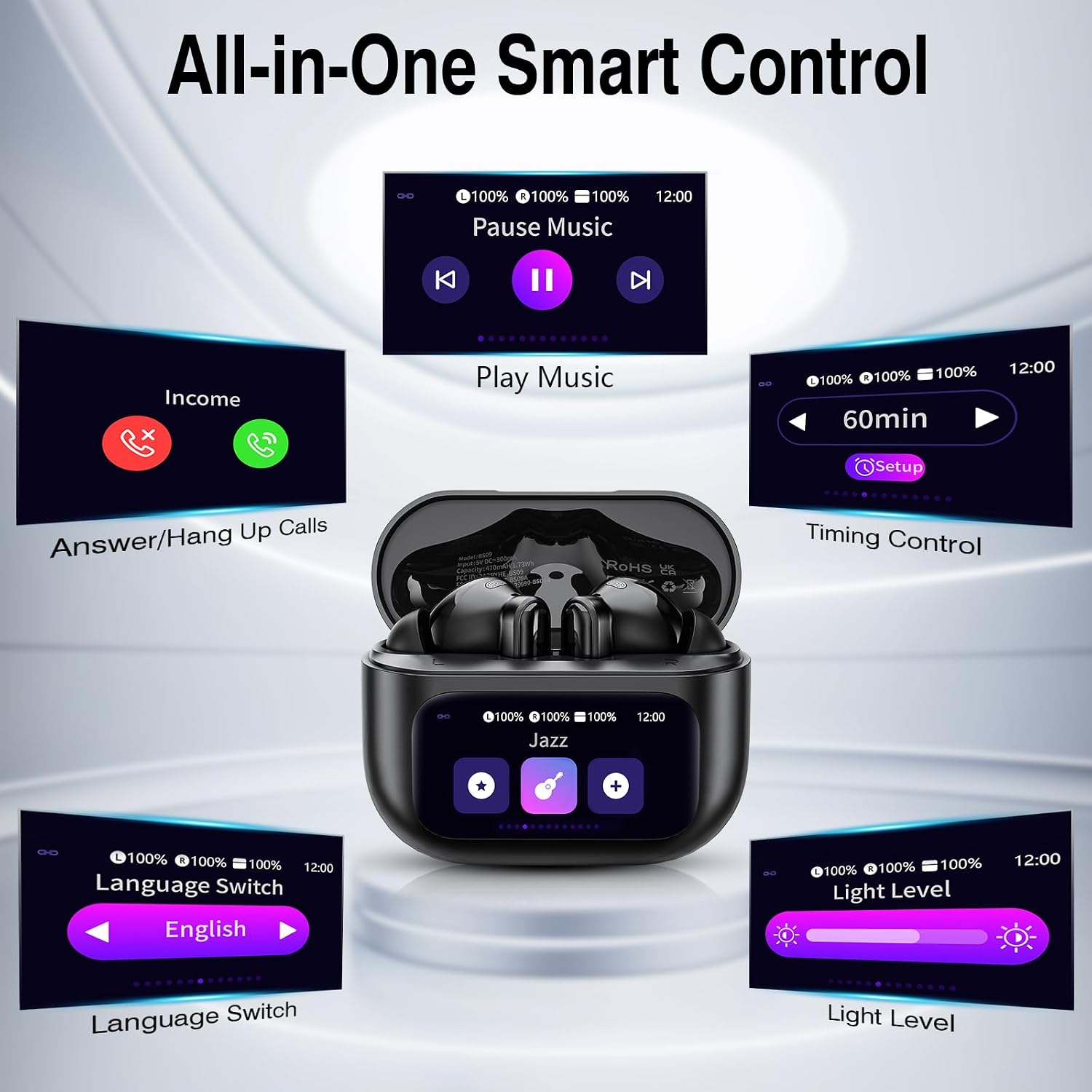 Detalle de Touchscreen Bluetooth Kopfhörer 2026 – In Ear, ANC+ENC, IPX7, 48 Std, 5 EQ-Modi, Tiefschwarz