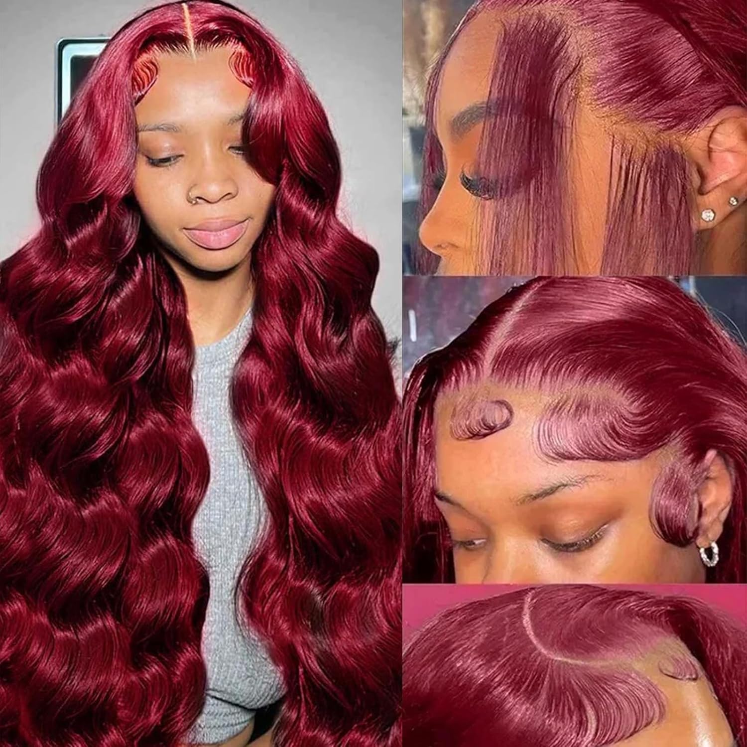 Detalle de QZOQZO 99j Burgundy Lace Front Wig (13x6) — 100% Virgin Brazilian Human Hair, Body Wave, Glueless