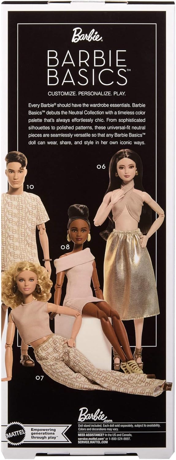 Thumbnail 5 de Barbie Basics Model 06 Sammler-Modepuppe mit brünetten Haaren, goldener Midi-Rock und Neckholder-Top – Universal-Fit & Made-to-Move Körper