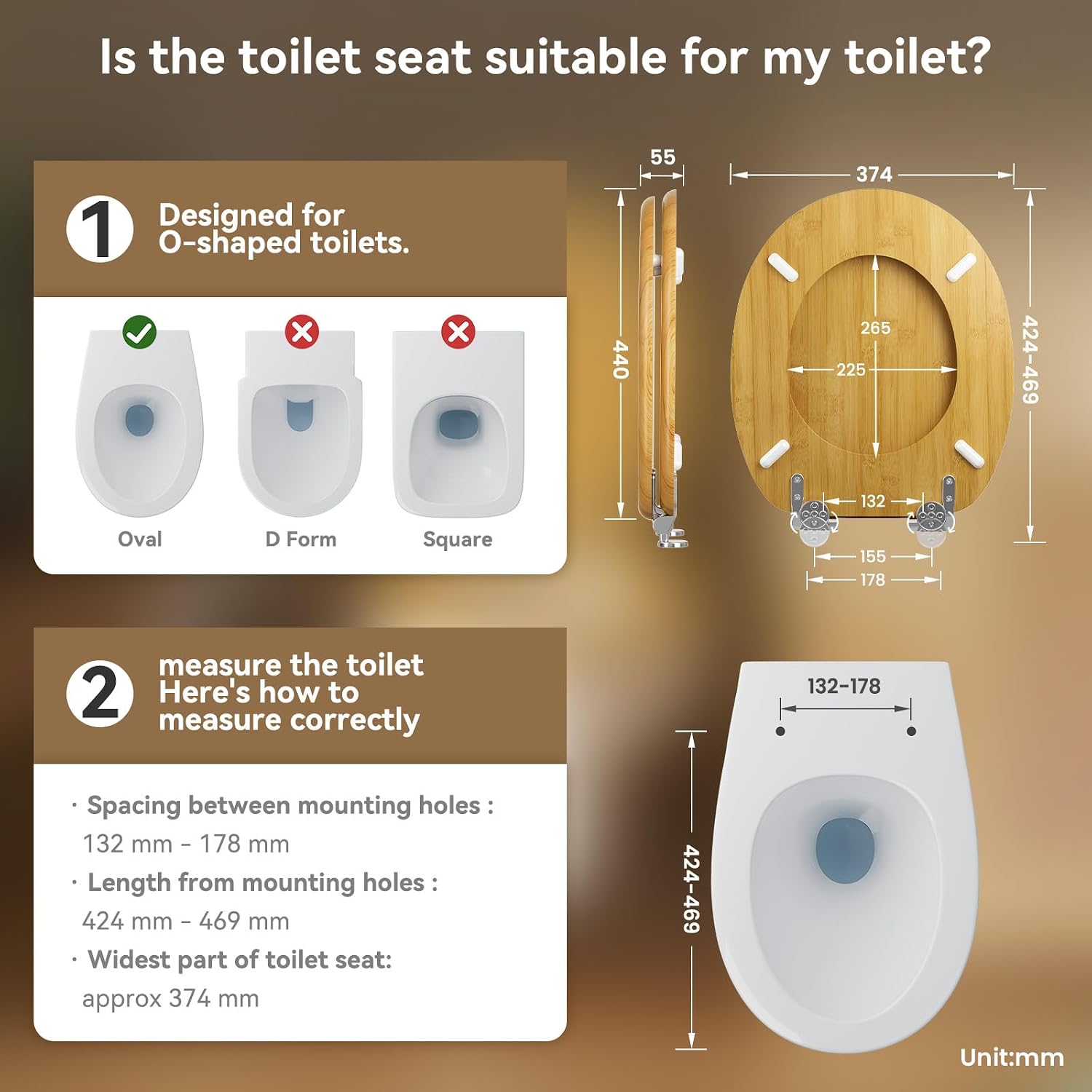 Thumbnail 4 de Premium Bamboo Grain Wooden Toilet Seat with Soft Close – Round, Heavy Duty & Universal Fit