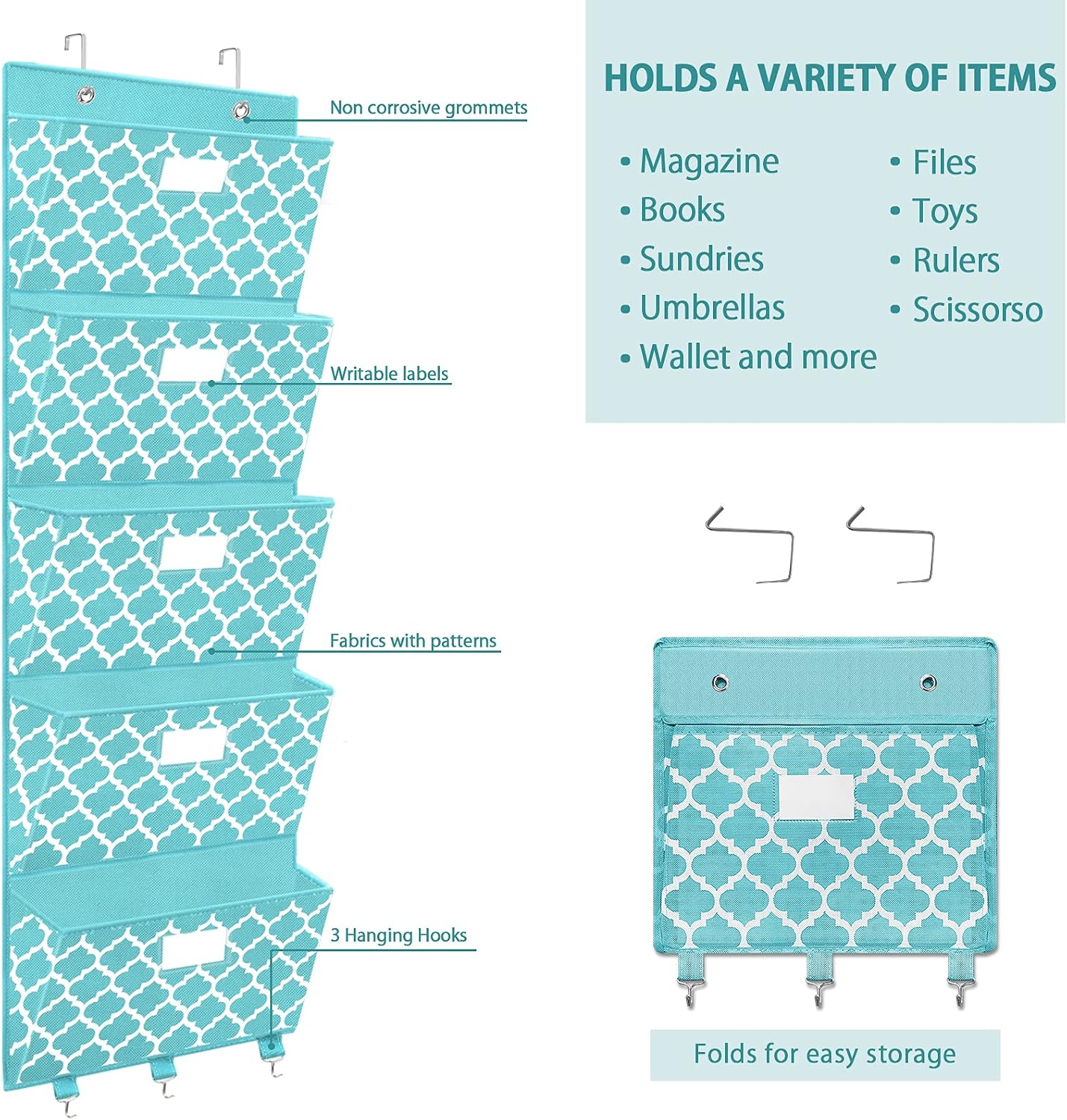 Detalle 2 de homyfort Hft-Cf Over-the-Door File Organizer, 5 Pockets, Blue Lantern Pattern