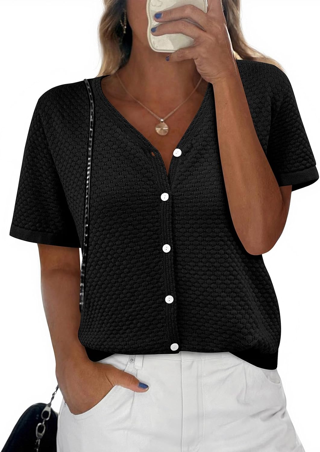 Detalle de NALANISA V-Neck Striped Crochet Knit Top