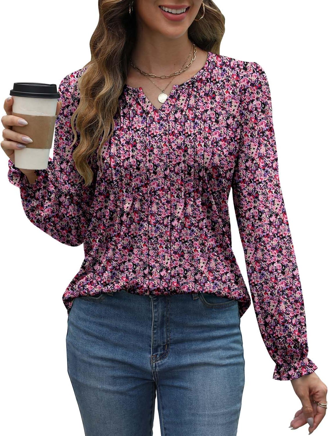 Detalle 2 de onlypuff Women's Tunic Top, V-Neck, Pleated Detail, Puff Sleeves, S–XXXL