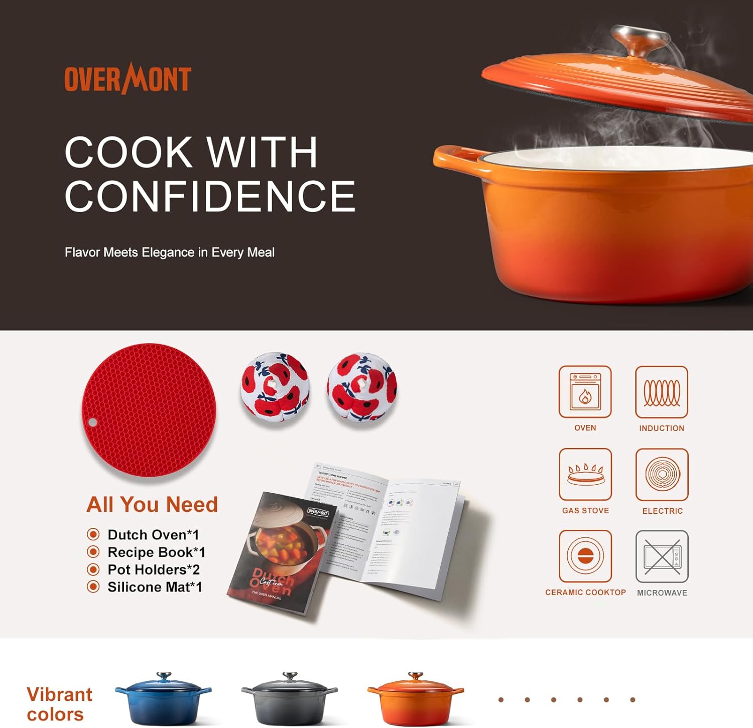 Thumbnail 5 de Overmont Enameled Cast Iron Dutch Oven 5.5QT with Wide Handles and Lid: Heavy-Duty, Pre-Seasoned, Oven Safe to 500°F