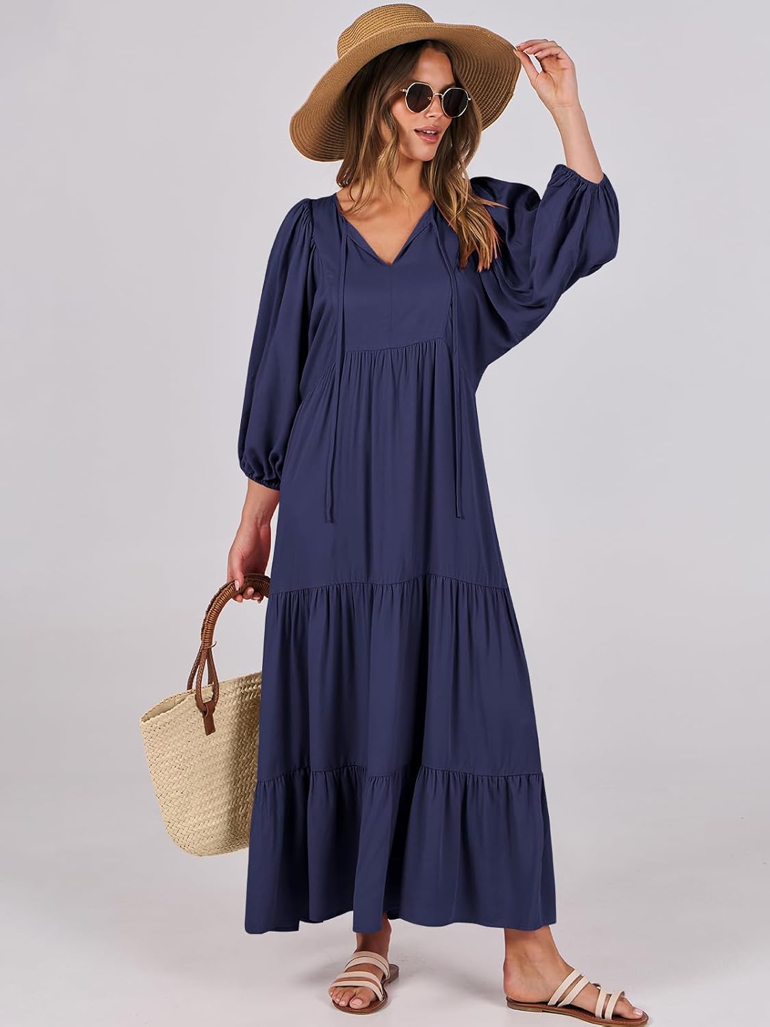 Detalle de ANRABESS Womens Boho Maxi Dress: 2026 Summer Floral V-Neck, Puff Sleeve, Tiered Swing