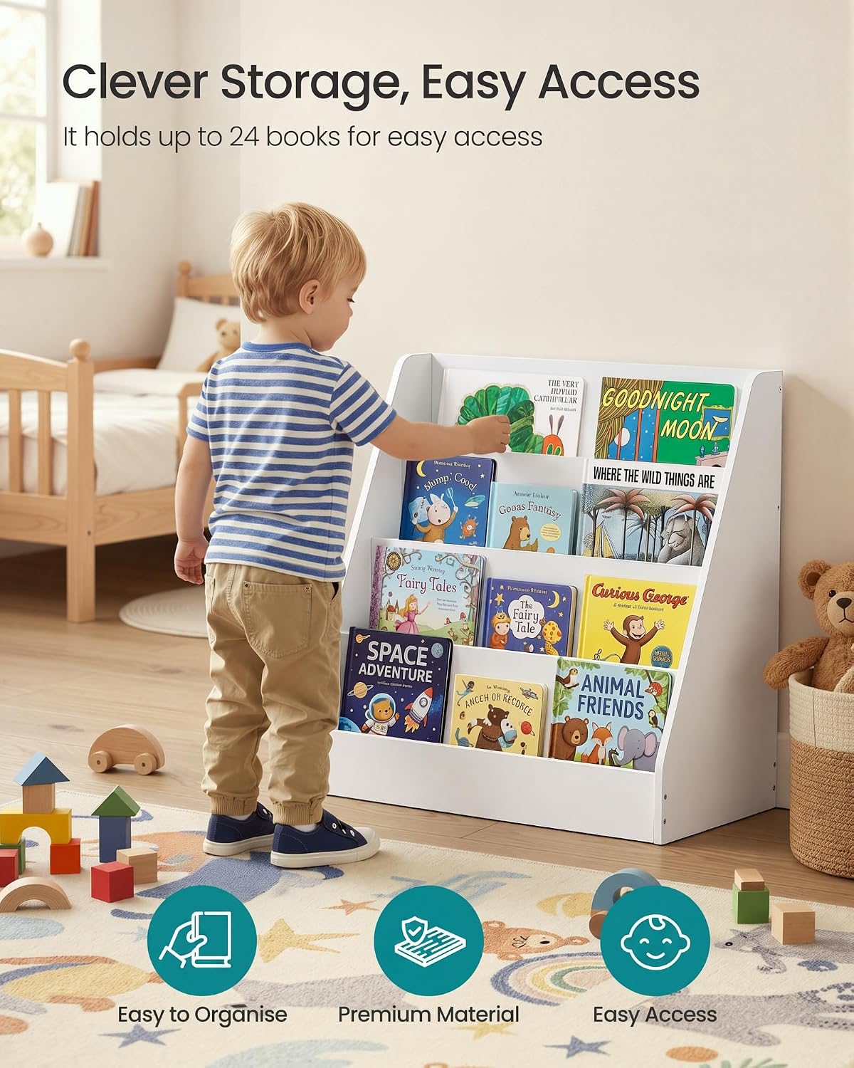 Detalle de SONGMICS CUSTOS GKR074WZ01 4-tier kids’ bookcase, front-facing display