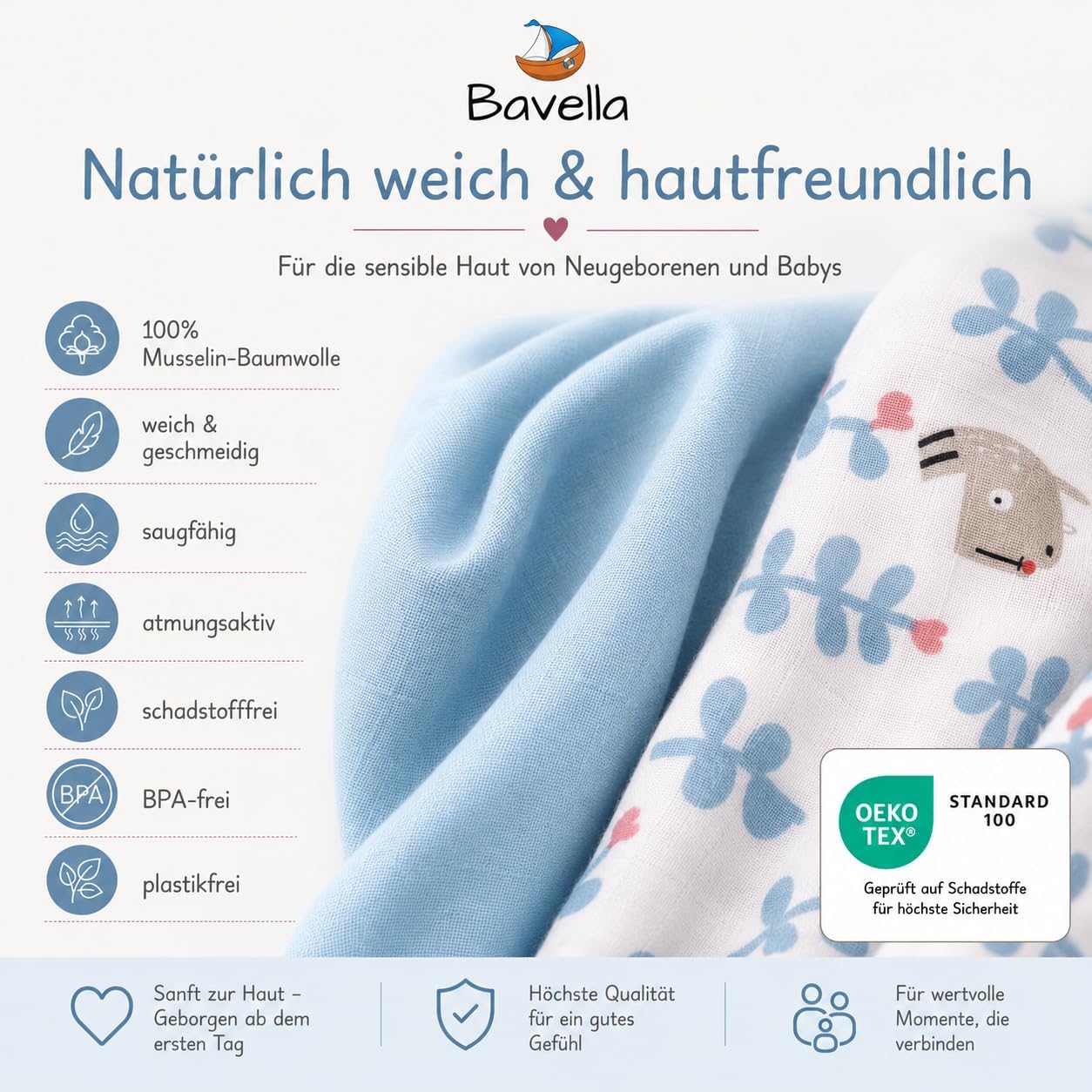 Detalle 2 de Bavella 2er Set XXL Musselin Baby Decke & Tuch 120x120 cm – ÖKO-TEX zertifiziert, 100% Baumwolle