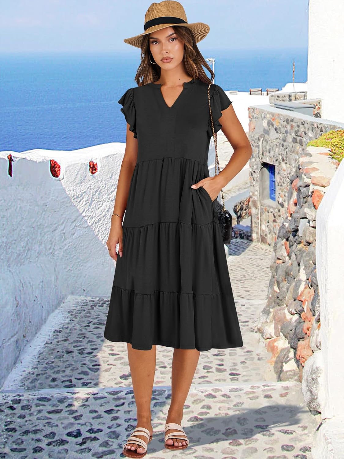 Detalle 2 de ANRABESS Ruffle Sleeve V-Neck Tiered Midi Dress for Women