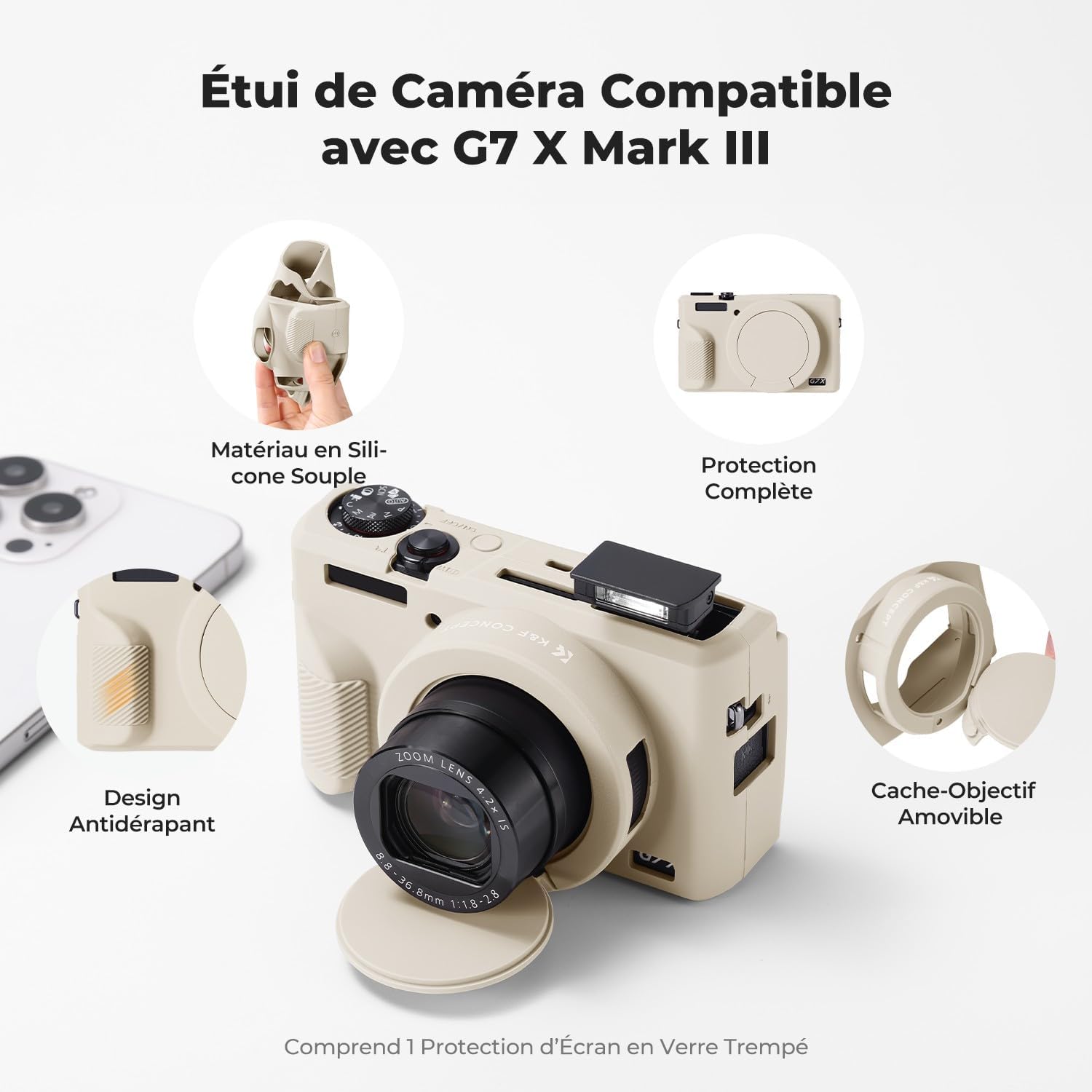 Detalle de K&F CONCEPT Coque de Protection en Silicone Pour Canon PowerShot G7X Mark III / G7X3 – Beige