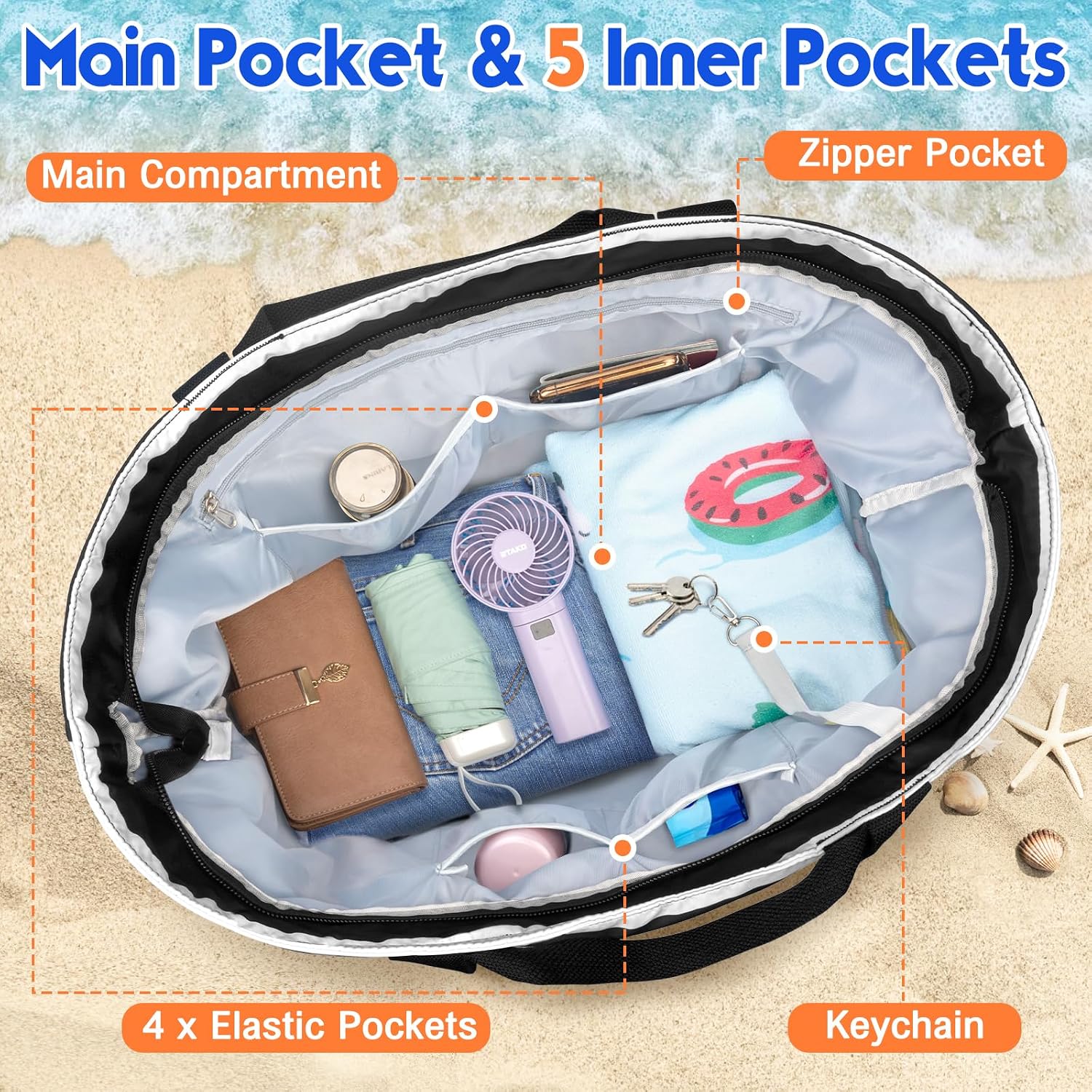 Detalle de BTNEEU Borsa Mare Donna XXL 50L Impermeabile: Tote Mare grande con 14 tasche, resistente e pieghevole