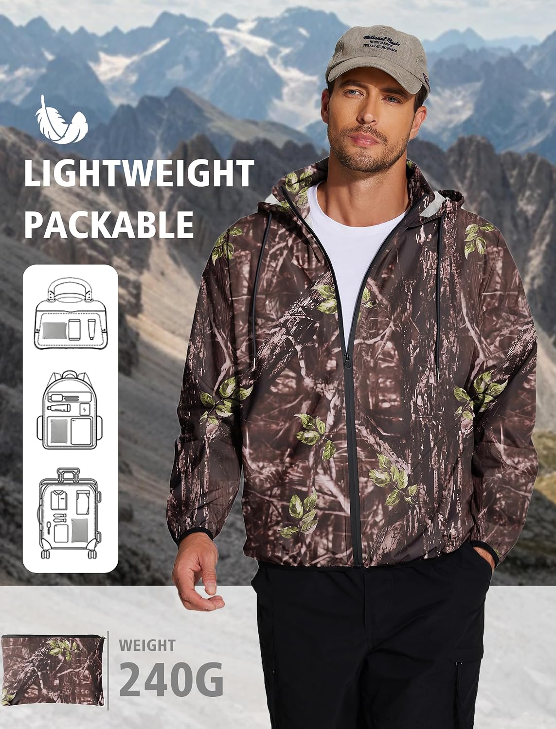 Detalle de COOFANDY Men's Light Rain Jacket with Hood — Packable Waterproof Raincoat for Outdoor Activities