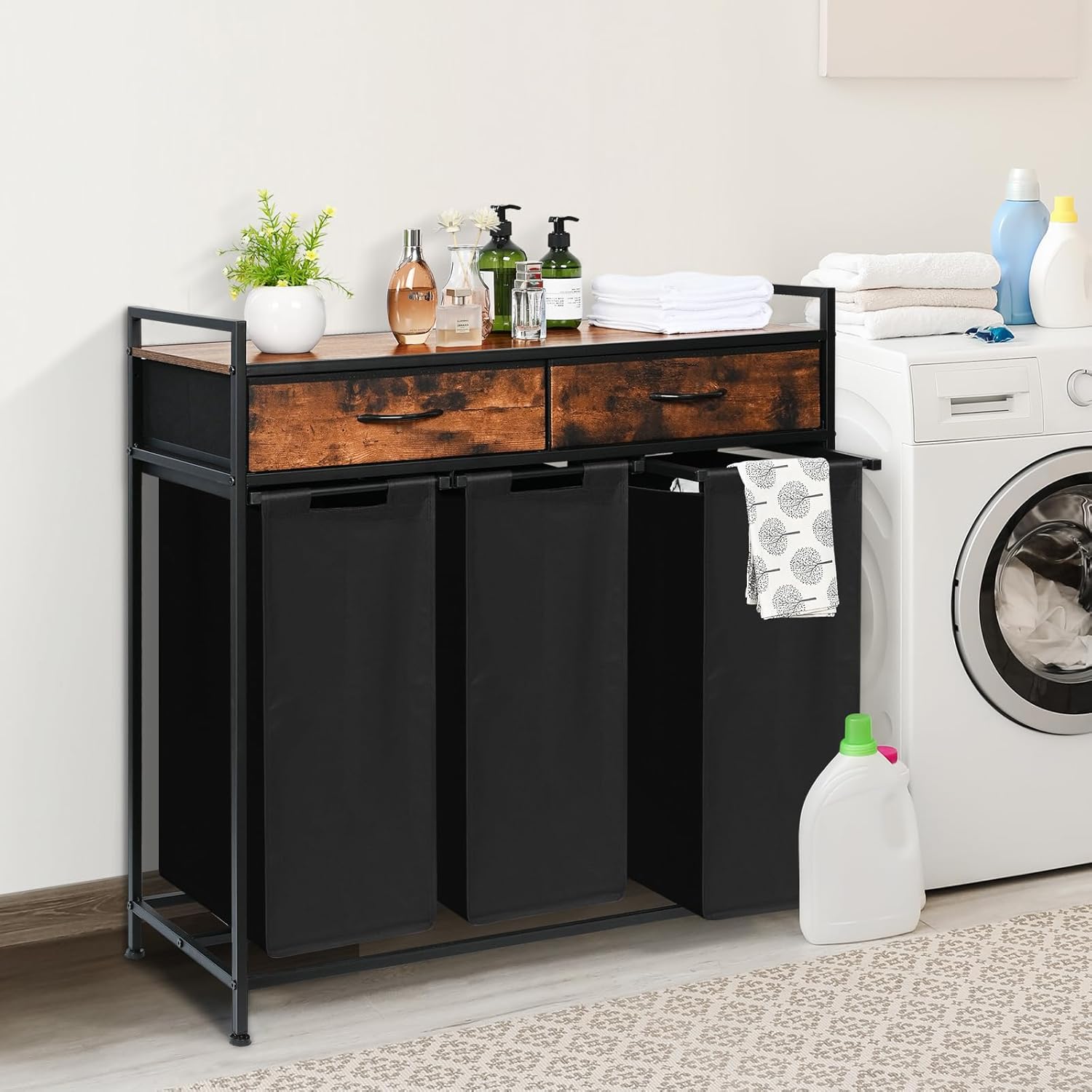 Detalle 2 de 3-Section Laundry Hamper Cart 180L with Shelf and Drawers