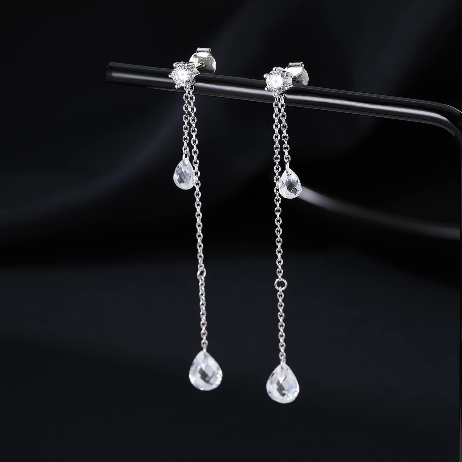 Thumbnail 4 de SLUYNZ 925 Sterling Silber CZ-Tropfenohrringe mit Kette – baumelnde Tropfform für Frauen, Teenager & Mädchen