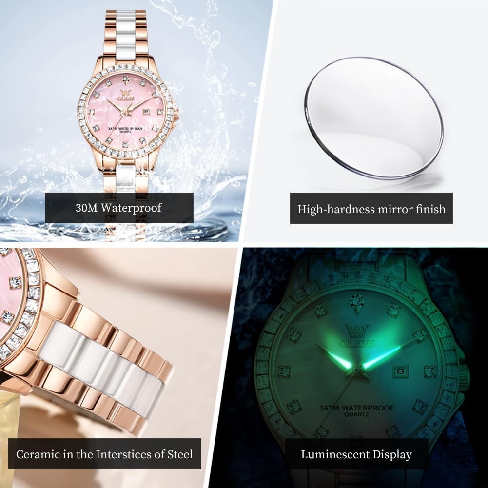Thumbnail 5 de OLEVS Damen-Diamantuhr Elegante Luxus-Armbanduhr mit Roségoldkäfig und Keramikglas