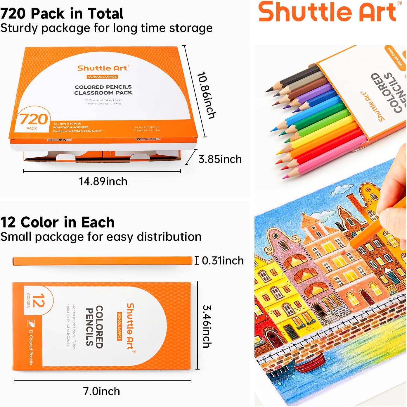 Detalle 2 de Shuttle Art 720 Colored Pencils Bulk — 60 Packs of 12 Pre-Sharpened Colors for Classrooms and Home Art